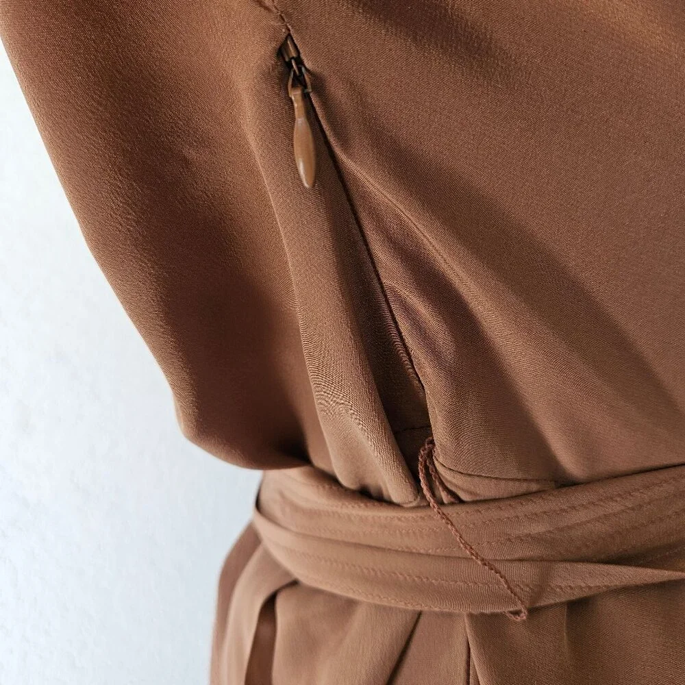 Maeve Anthropologie 100% Silk Warm Brown Faux Mock Wrap Dress Size 14 - Picture 9 of 11